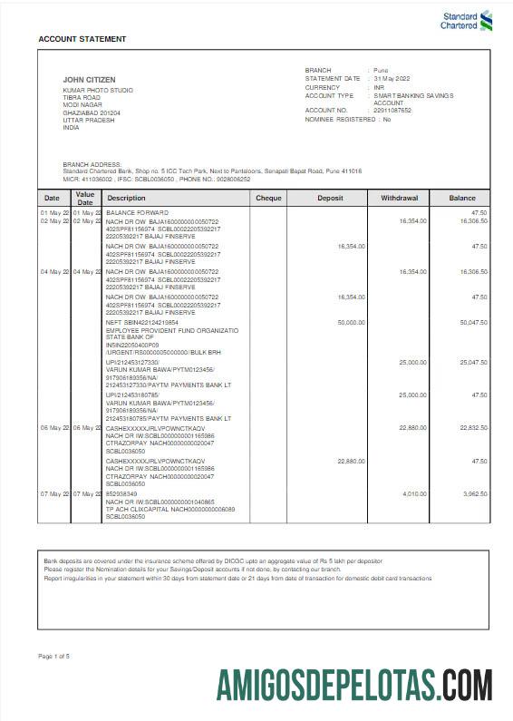Extrato do India Standard Chartered Bank para download em Word e PDF modelo Scr